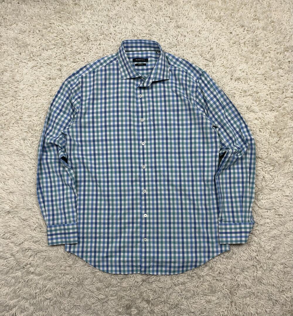 Bugatchi Shaped Stretch Men's Button-Up Shirt Size XL Blue Green Gingham L/S